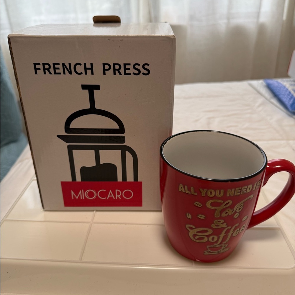 New- Miocaro French press coffee maker and Royal Norfolk ceramic mug.